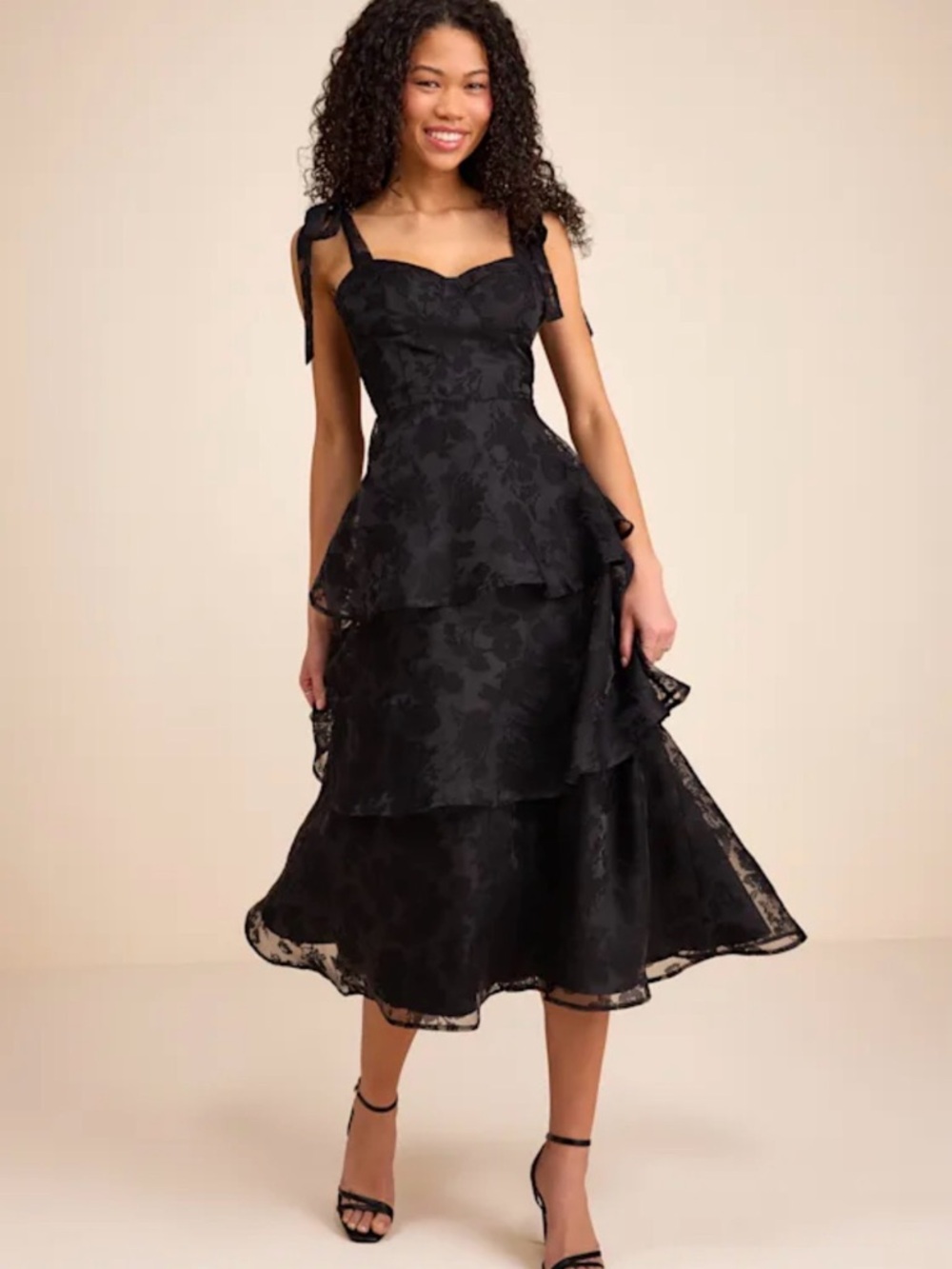 Lulu's Black Floral Tiered Midi Dress